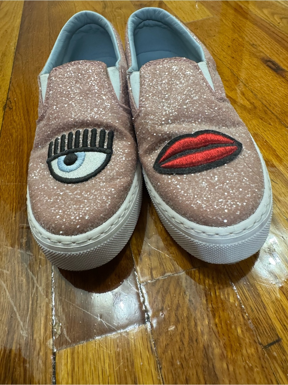 Chiara Ferragni Pink Glitter Slip-On Sneakers with Eye & Lip Patches
